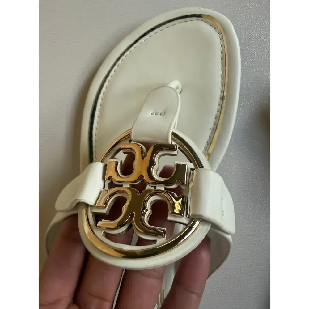 Tory Burch White and Gold Miller Thong Sandals